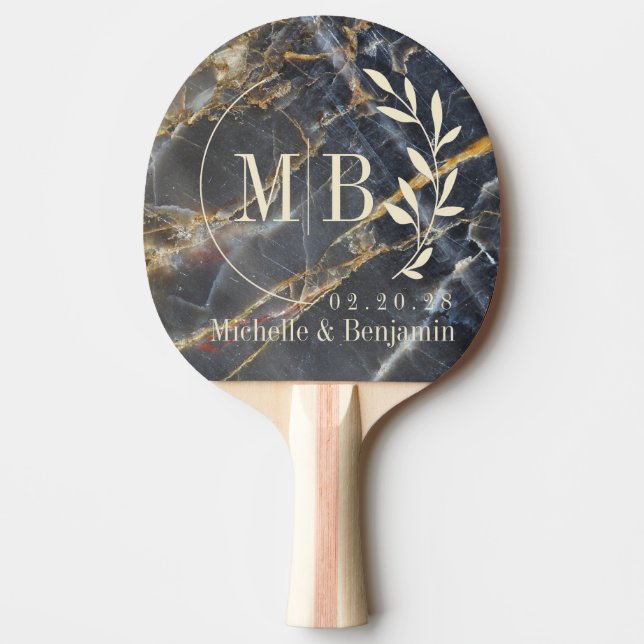 Svart marmor och blad av guldsten vigselmonogram pingisracket (Framsidan)