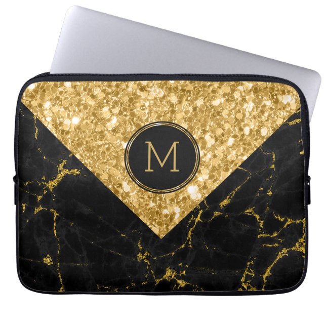 Svart marmor och Guld Glitter-geometrisk design Laptop Sleeve (Framsidan)