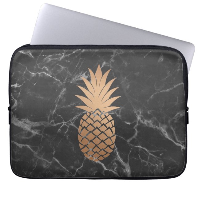 Svart marmor och rosa guld- ananaslaptop sleeve (Framsidan)