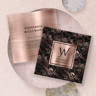 Svart marmor Rosa guld Borstad folie Monogram Fyrkantigt Visitkort