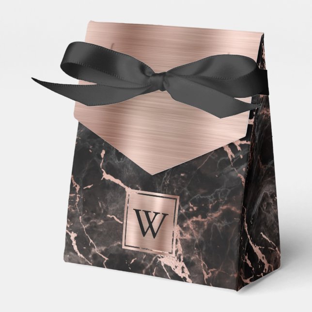Svart marmor roséguld monogram presentaskar (Framsidan Sidan)
