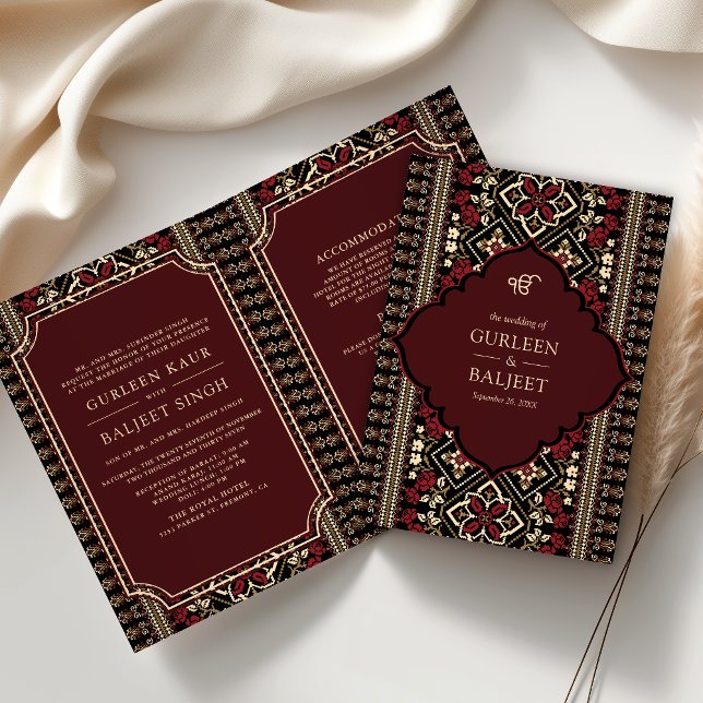 Svart Maroon Röd Ikat Allt-i-ett Sikh Bröllop Inbjudan (Skapare uppladdad)