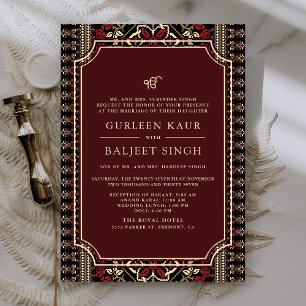 Svart Maroon Röd Ikat Anand Karaj Sikh Bröllop Inbjudningar