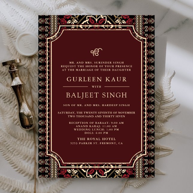 Svart Maroon Röd Ikat Anand Karaj Sikh Bröllop Inbjudningar (Skapare uppladdad)