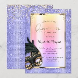 Svart maskerad Lavendel Quinceañera Inbjudningar