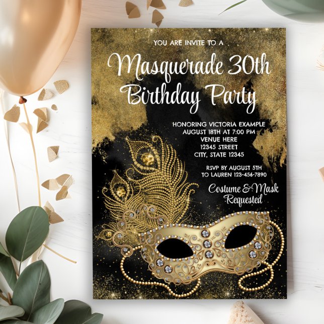 Svart maskeradtema-guld fest inbjudningar (You can change all text as needed for your event on this beautiful any occasion invitation.)