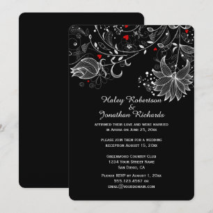 Svart med Abstrakt White Flowers Red Hearts Inbjudningar