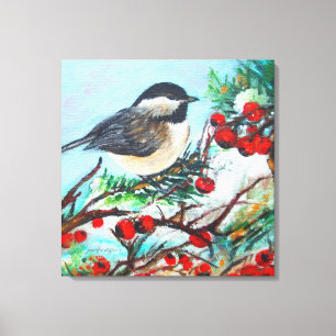 Svart med Chickadee Bird med berries Canvastryck