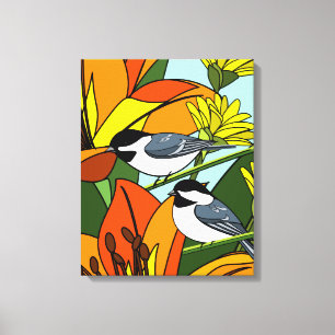 Svart med Chickadee och Lily Flowers Canvastryck
