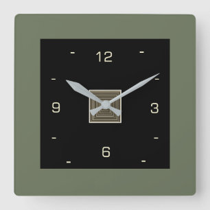 Svart med Cream Numerals och Olive Gräns Fyrkantig Klocka