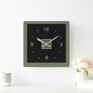 Svart med Cream Numerals och Olive Gräns Squar Fyrkantig Klocka