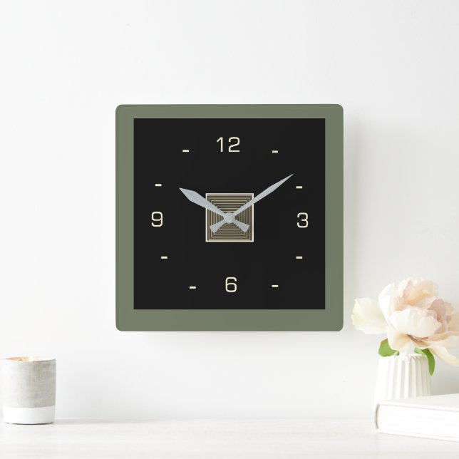 Svart med Cream Numerals och Olive Gräns Squar Fyrkantig Klocka (Hem)