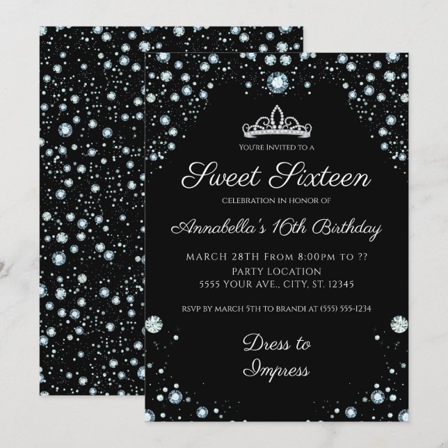 Svart med diamanter från födelsedagsinbjudningar inbjudningar (Fram/baksida)