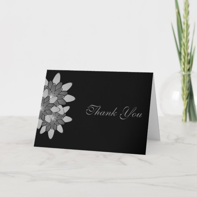 Svart med Grått & Silver Blommigt Lotus Tack Kort (Framsida)