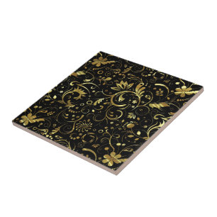 Svart med Guld Blommigt Fabric Mönster Kakelplatta