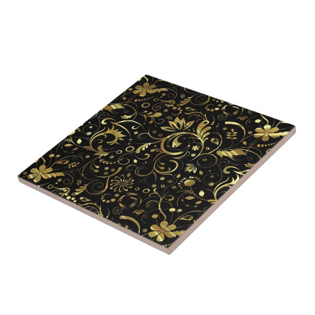 Svart med Guld Blommigt Fabric Mönster Kakelplatta (Sidan)