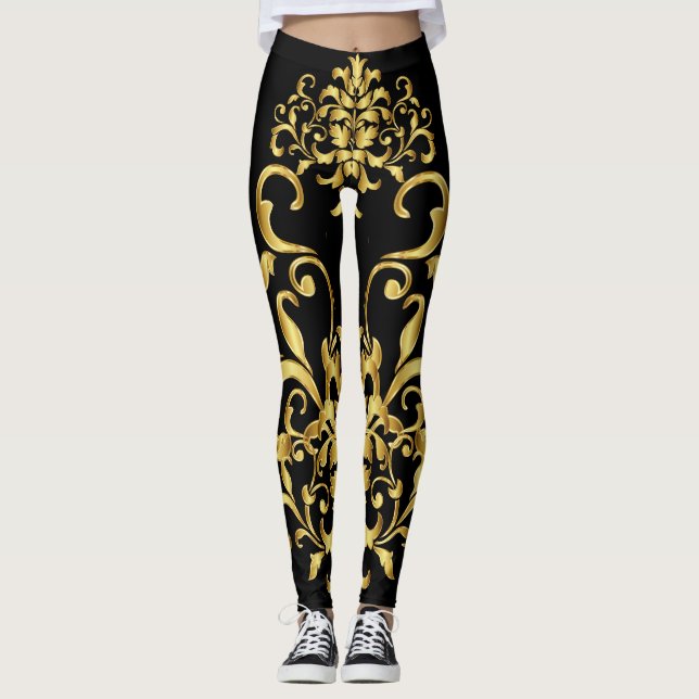 Svart med guld- damastast specificera för mönster leggings (Framsida)