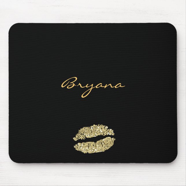 Svart med Guld Glitter Kiss Läppar Mouse Pad Musmatta (Framsidan)