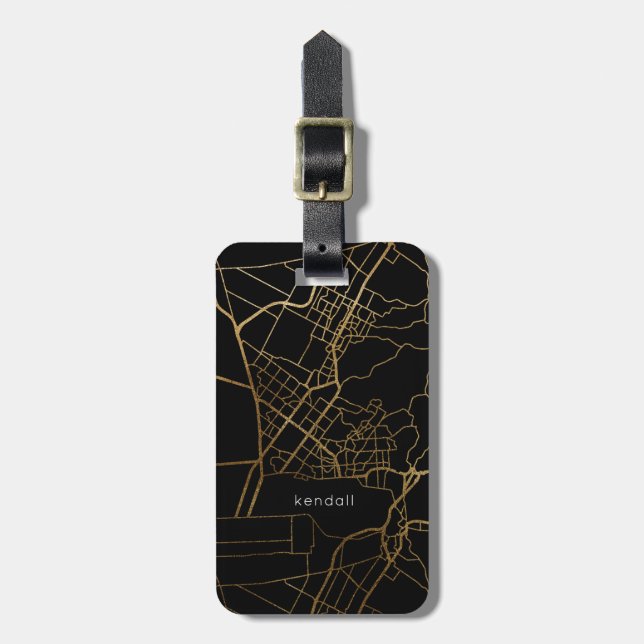 Svart med Guld Titta Karta Lägg till Namn Bagagebricka (Vertikal Framsida)