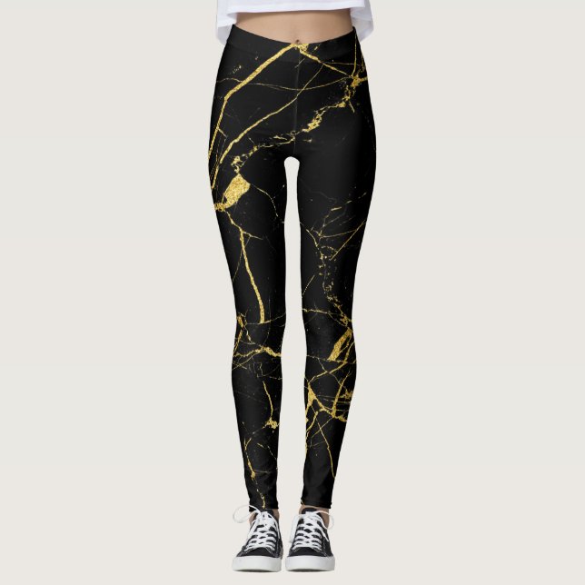 Svart med guldfoil Marble Mönster Leggings (Framsida)