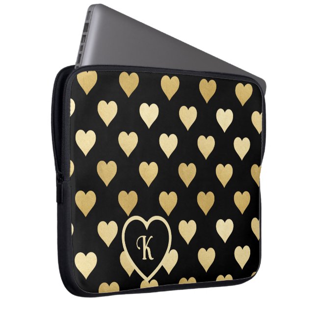 Svart med gyllene hjärtan, monogram laptop fodral (Framsidan Höger)