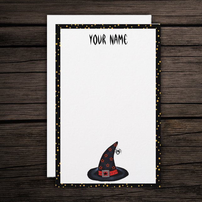 Svart med Hat Stars Spider Orange Dots Stationary Brevpapper (Black witch hat spider orange stars on white with black and orange dotted border paper stationery.)