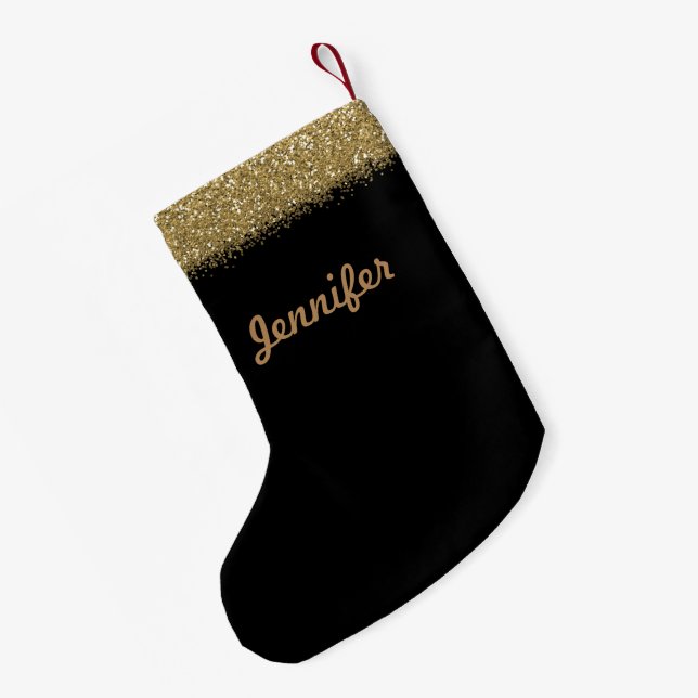 Svart med julklapp i Guld Glitter Liten Julstrumpa (Baksidan (Hängande))