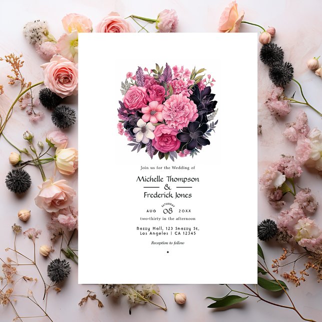 Svart med mjuka rosa blommor Vårbröllop Inbjudningar (Skapare uppladdad)