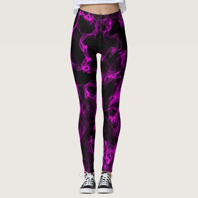 Svart med Neon Violet Liquide Smoke Mönster Leggings (Framsida)