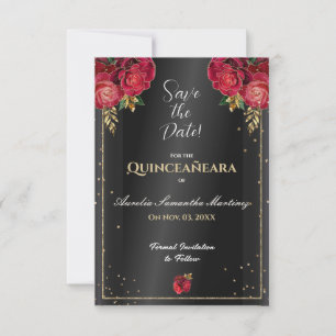 Svart med Röd ros Quinceañera Spara datum Datumet