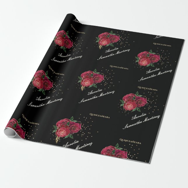Svart med Röd ros Quinceañera Wrapping Papper Presentpapper (Utrullad)