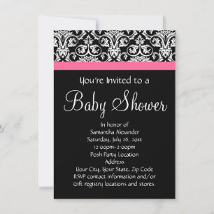Svart med Rosa Damask Baby Shower Inbjudningar