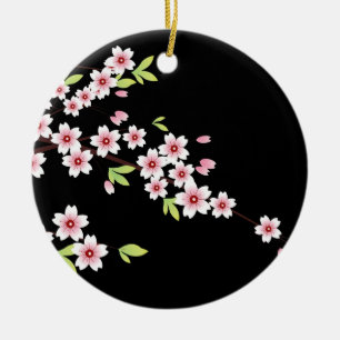 Svart med Rosa och Grönt Blommar av Tjerry Sakura Julgransprydnad Keramik