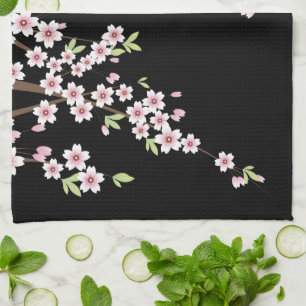 Svart med Rosa och Grönt Blommar av Tjerry Sakura Kökshandduk