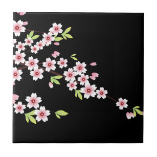 Svart med Rosa och Grönt Cherry Blommar Sakura Kakelplatta