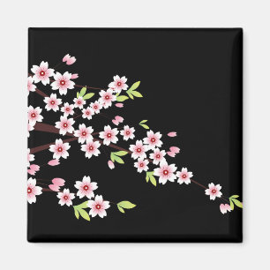 Svart med Rosa och Grönt Cherry Blommar Sakura Magnet