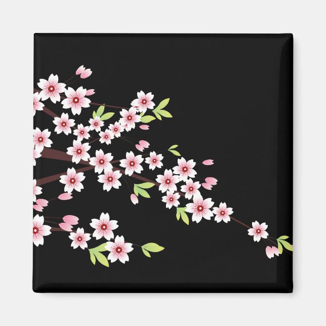 Svart med Rosa och Grönt Cherry Blommar Sakura Magnet (Framsidan)