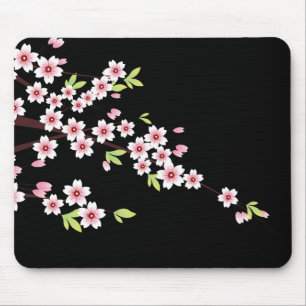 Svart med Rosa och Grönt Cherry Blommar Sakura Musmatta