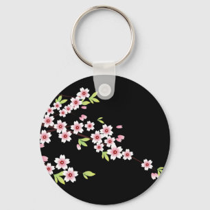 Svart med Rosa och Grönt Cherry Blommar Sakura Nyckelring