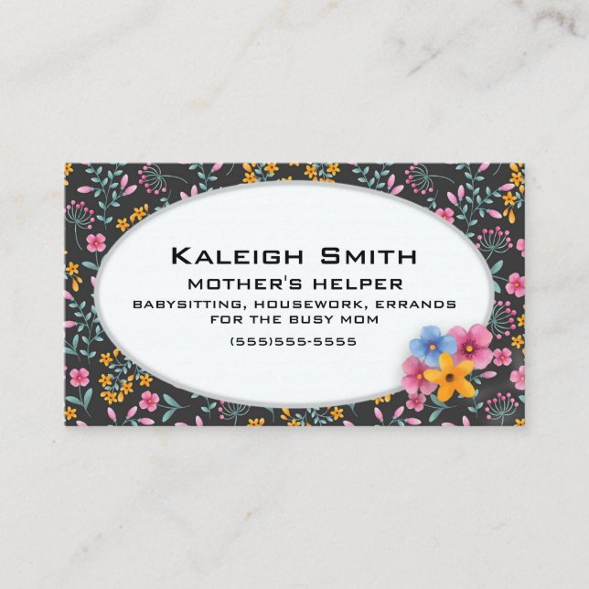 Svart med rosa och gul blomsterdesign Mamma-hjälp (Framsida)