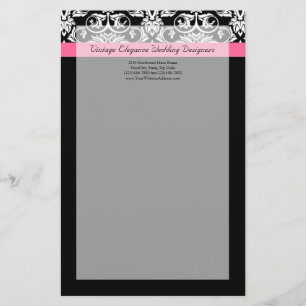 Svart med Rosa Passion Damask Brevpapper