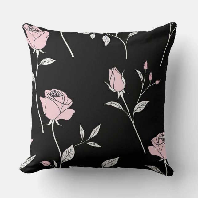 Svart med rosa ros och rosenknopp kudde (Framsida)