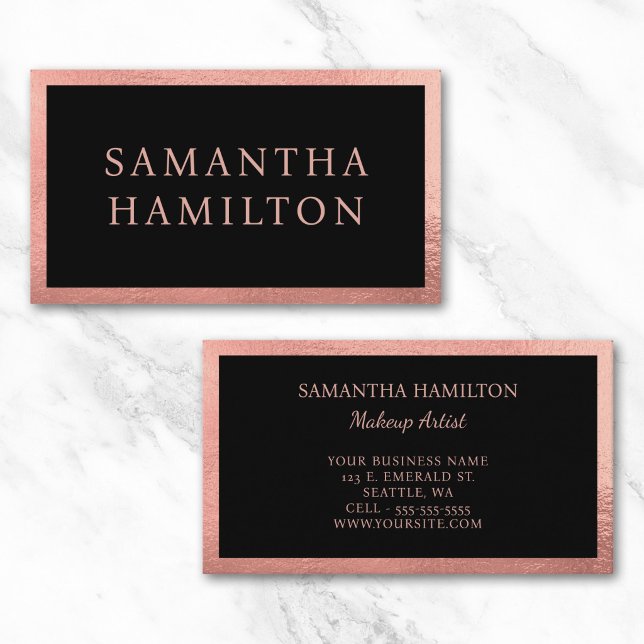 Svart med rosa roséguld kant visitkort (Black with Pink Rose Gold Border Business Card)