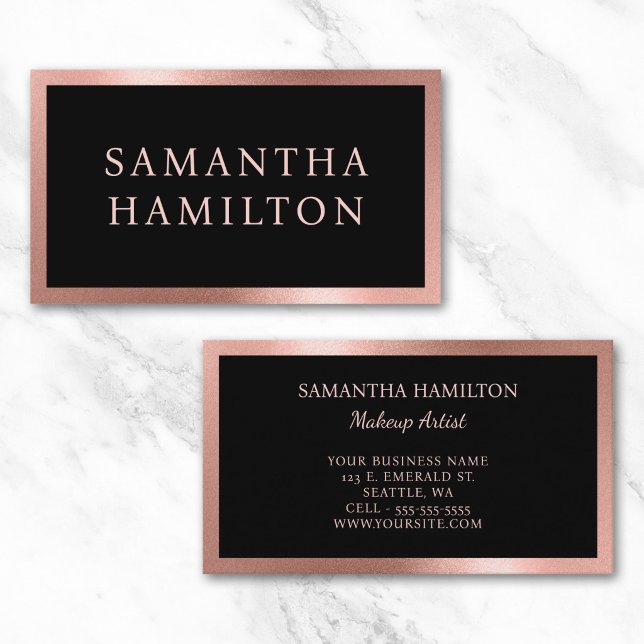 Svart med roséguld grynig gradientkant visitkort (Black with Rose Gold Grainy Gradient Border Business Card)