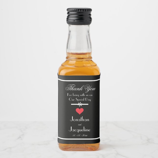 Svart med vit bröllop elegant 'Tack' Mini Spritflaskor Etikett (Framsida)