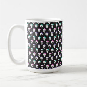 SVART MED VITA DÖSKALLAR MED ROSA LILA GRÖNT BOW KAFFEMUGG