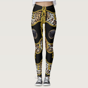 Svart Medusa Leopard och Guld Tassel Svart Leggings