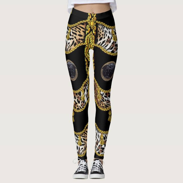 Svart Medusa Leopard och Guld Tassel Svart Leggings (Framsida)