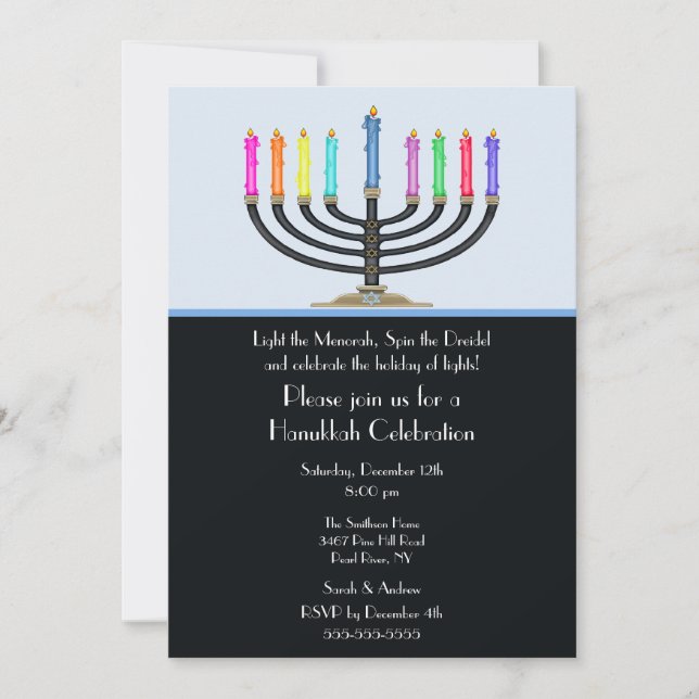 Svart Menorah Hanukkah Firande-inbjudan Inbjudningar (Framsida)