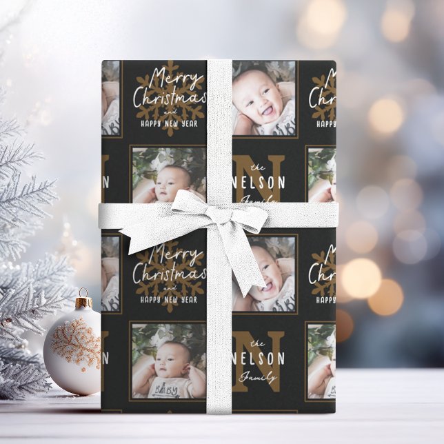 Svart Merry Christmas Calligraphy Familj 2 foto Presentpapper (Black Merry Christmas Calligraphy Family 2 photo Wrapping Paper)